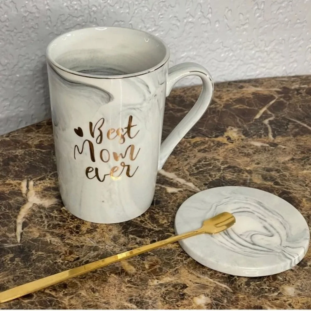 Best Mom Ever Mug White Marble Color Goldtone Spoon Coaster Tall Coffee Cup